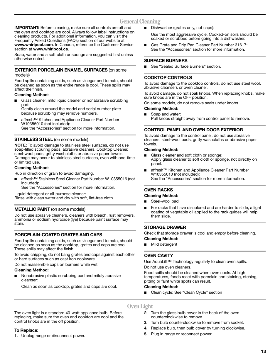 General cleaning, Oven light | Whirlpool WFG540H0AS User Manual | Page 13 / 36