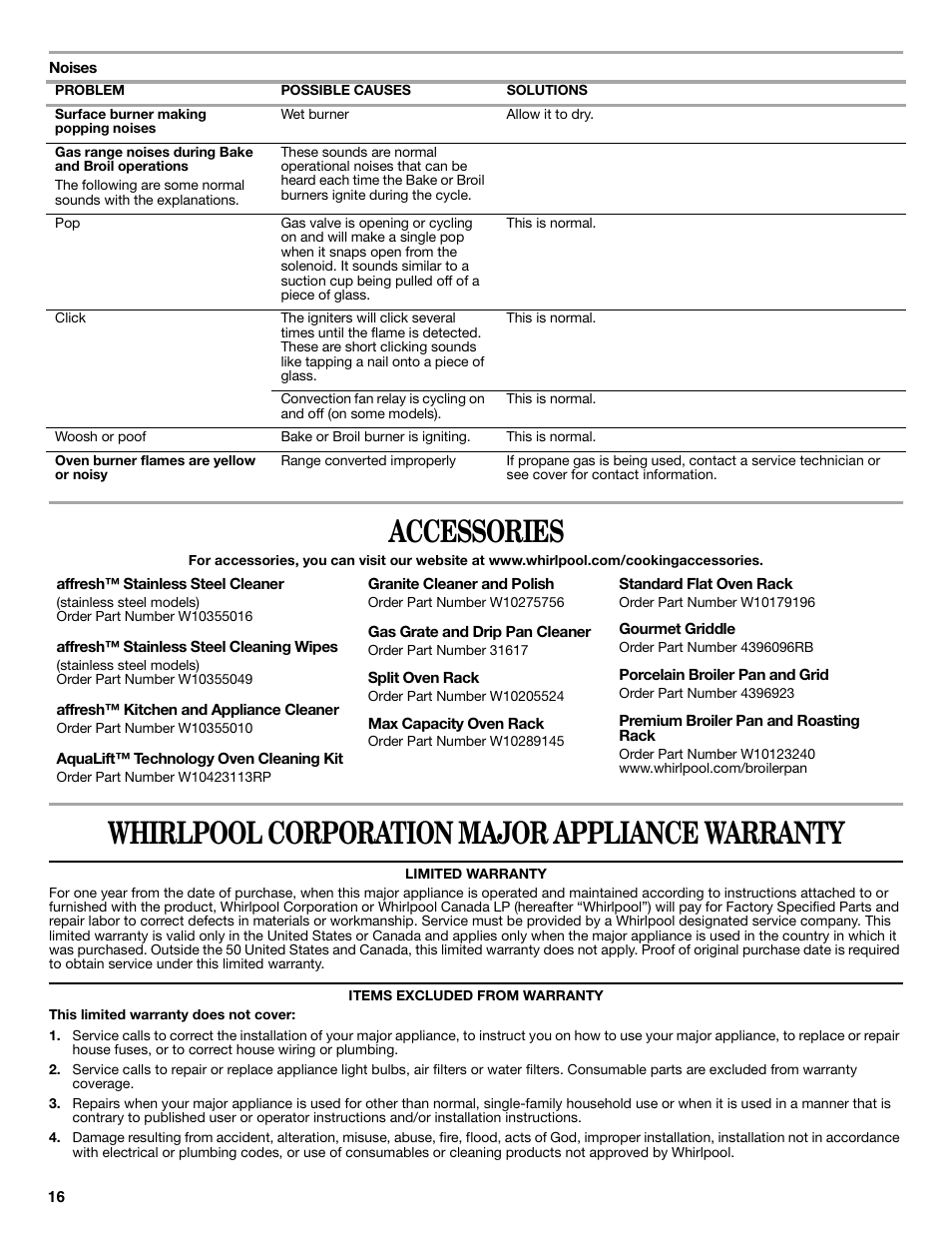 Accessories, Whirlpool corporation major appliance warranty | Whirlpool WFG540H0AS User Manual | Page 16 / 36