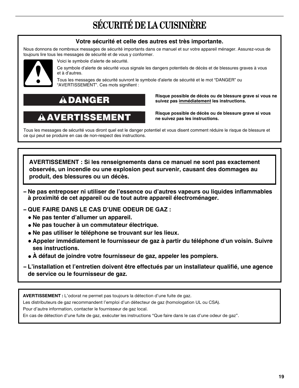 Sécurité de la cuisinière, Avertissement danger | Whirlpool WFG540H0AS User Manual | Page 19 / 36