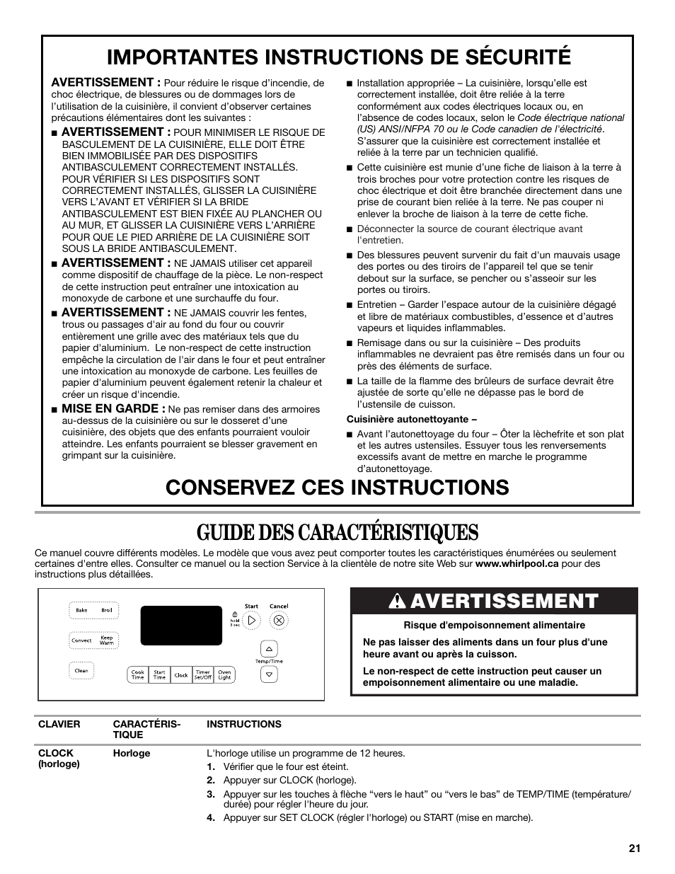 Guide des caractéristiques, Avertissement | Whirlpool WFG540H0AS User Manual | Page 21 / 36