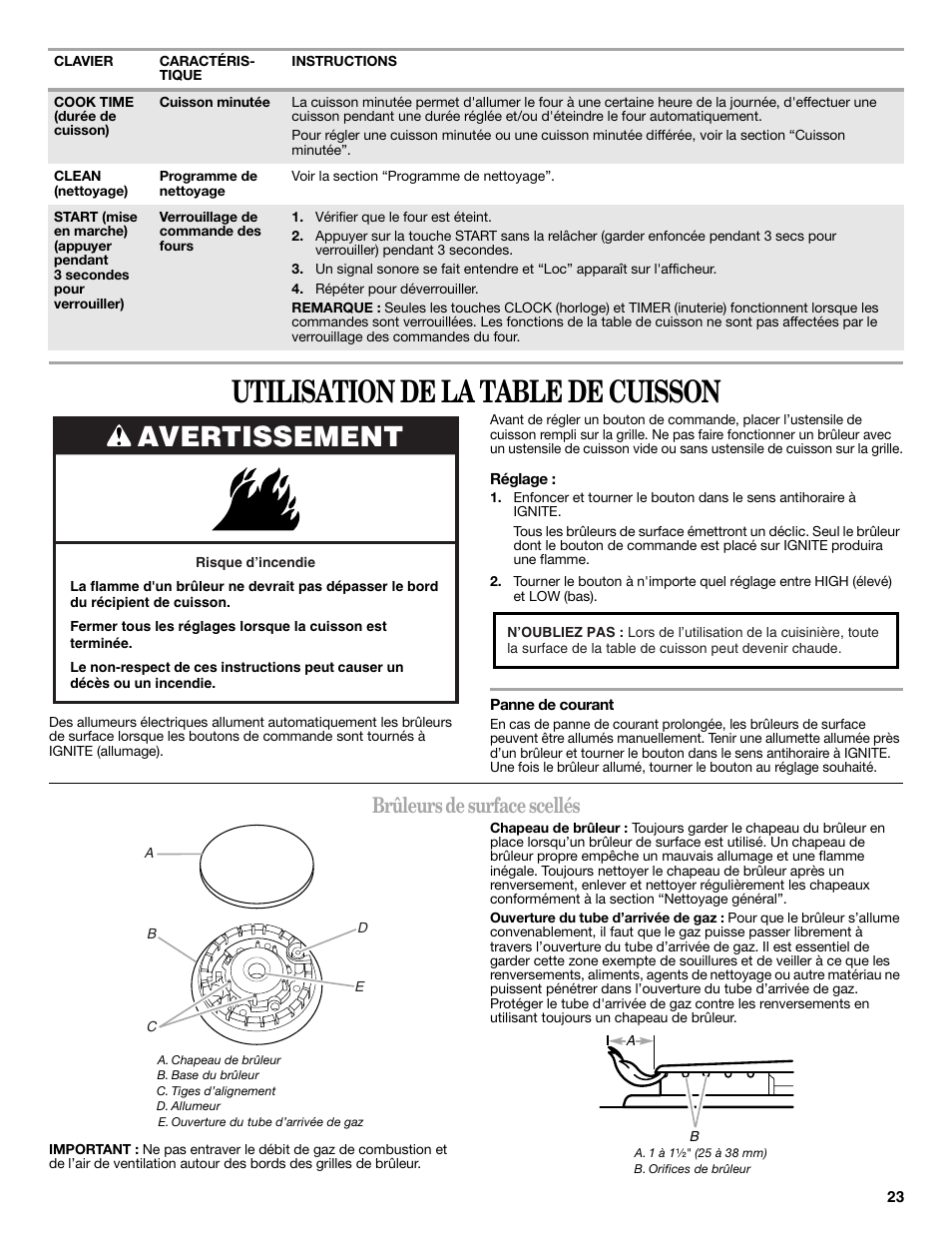 Utilisation de la table de cuisson, Avertissement, Brûleurs de surface scellés | Whirlpool WFG540H0AS User Manual | Page 23 / 36