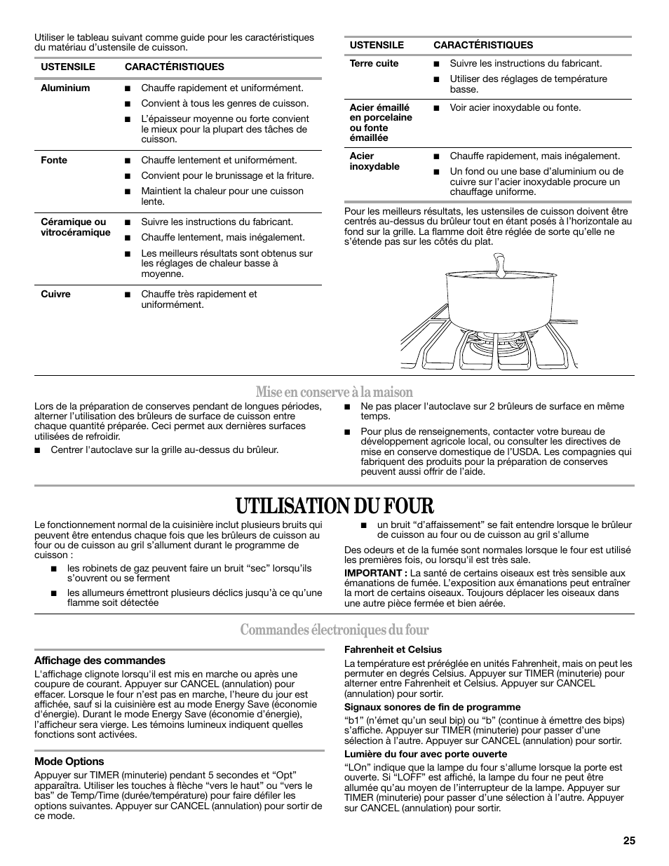Utilisation du four, Mise en conserve à la maison, Commandes électroniques du four | Whirlpool WFG540H0AS User Manual | Page 25 / 36