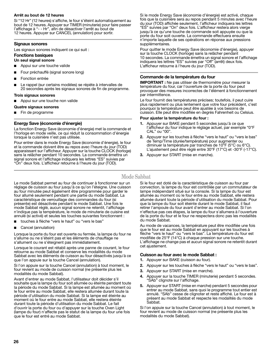 Mode sabbat | Whirlpool WFG540H0AS User Manual | Page 26 / 36