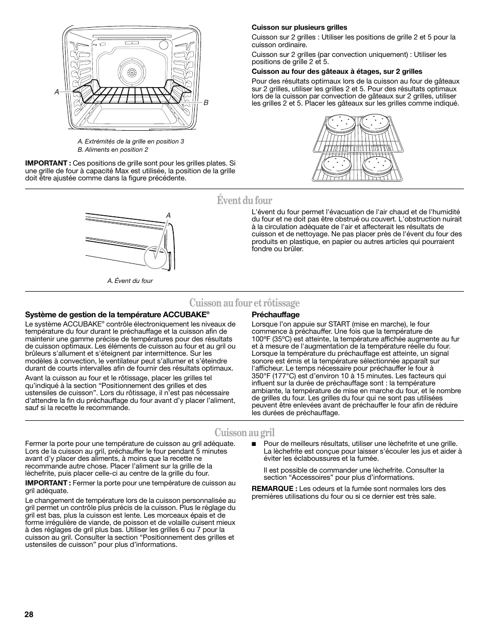 Évent du four, Cuisson au four et rôtissage, Cuisson au gril | Whirlpool WFG540H0AS User Manual | Page 28 / 36