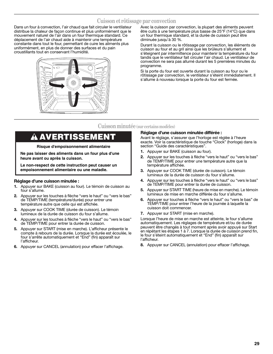 Avertissement, Cuisson et rôtissage par convection, Cuisson minutée | Whirlpool WFG540H0AS User Manual | Page 29 / 36