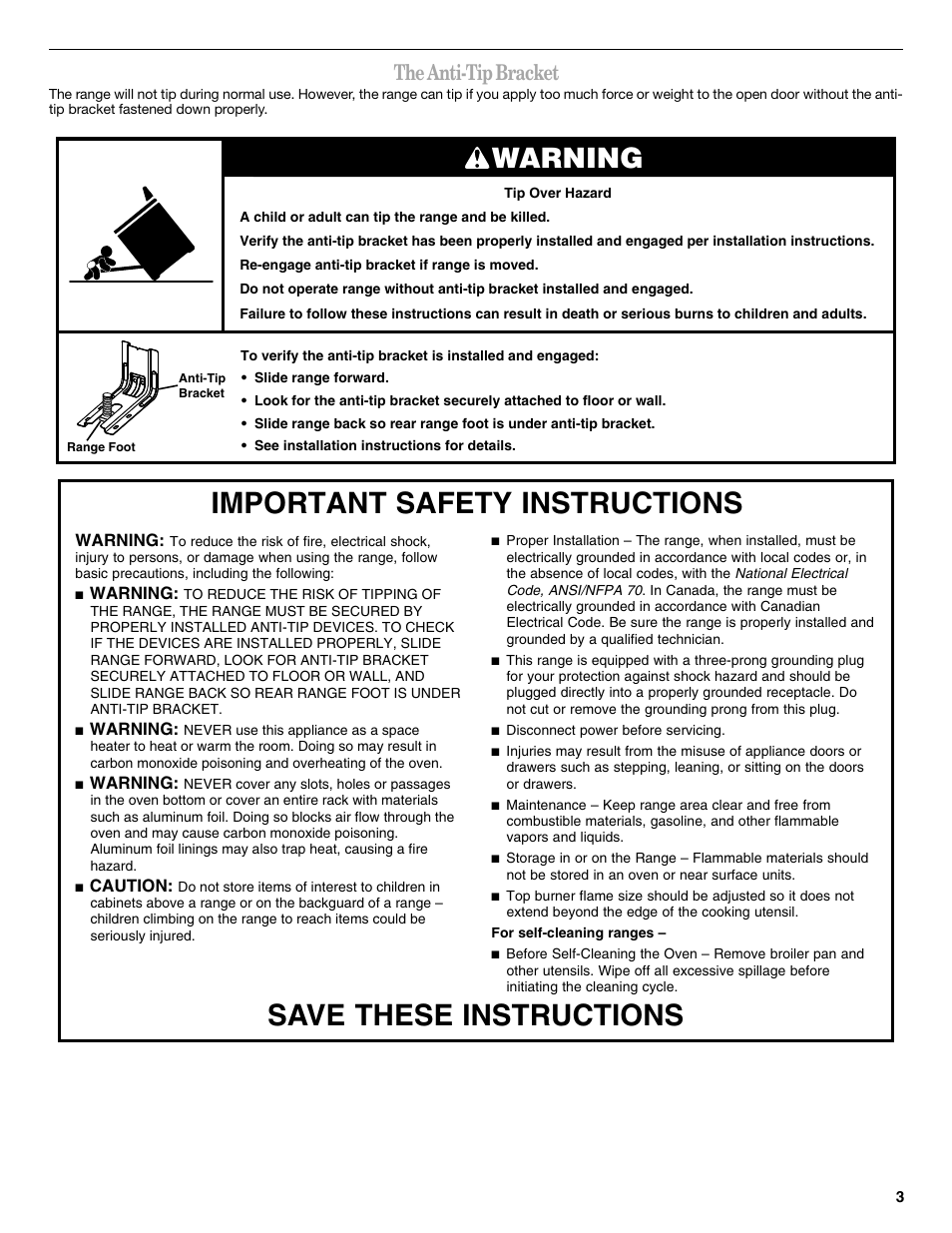 Warning, The anti-tip bracket | Whirlpool WFG540H0AS User Manual | Page 3 / 36