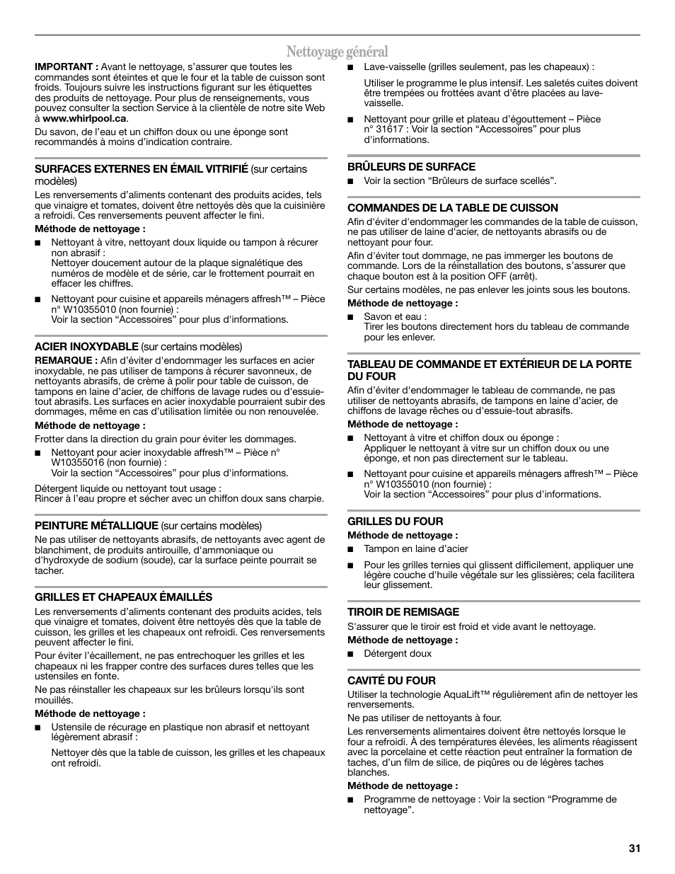 Nettoyage général | Whirlpool WFG540H0AS User Manual | Page 31 / 36
