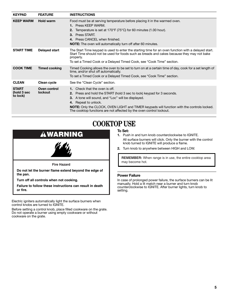 Cooktop use, Warning | Whirlpool WFG540H0AS User Manual | Page 5 / 36