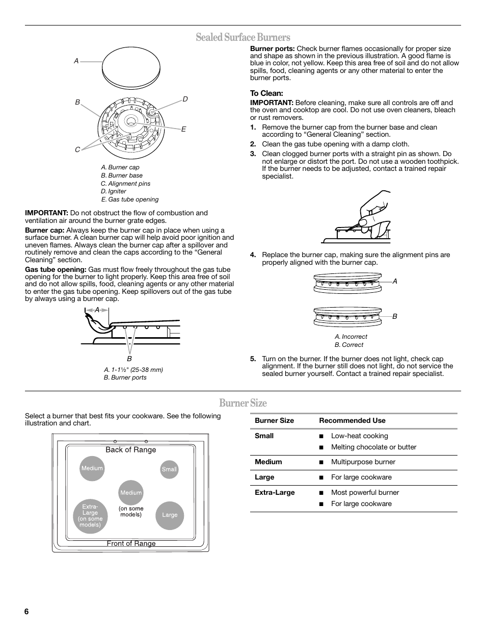 Sealed surface burners, Burner size | Whirlpool WFG540H0AS User Manual | Page 6 / 36