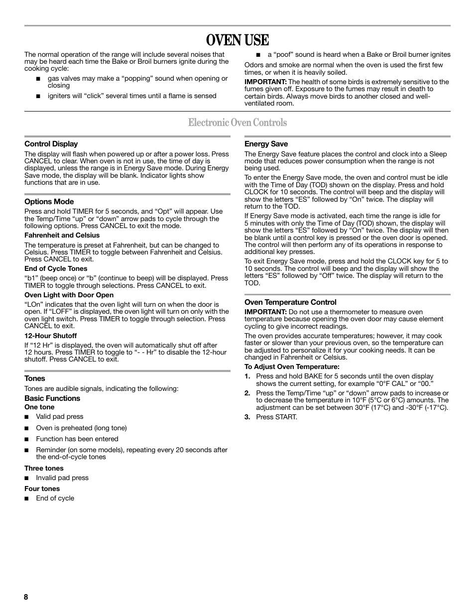 Oven use, Electronic oven controls | Whirlpool WFG540H0AS User Manual | Page 8 / 36