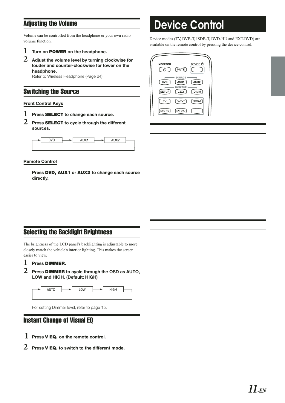 Device control, Adj i g he v l e, S i chi g he s ce | Selec i g he backligh b igh e, I a cha ge f vi al eq | Alpine PKG-RSE2 User Manual | Page 13 / 36
