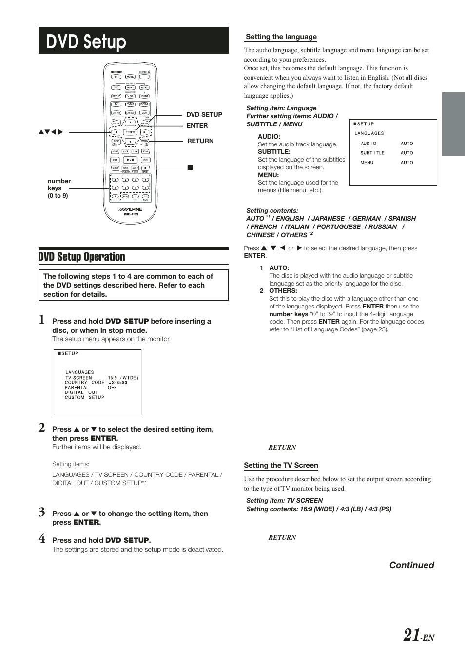 Dvd setup, Continued | Alpine PKG-RSE2 User Manual | Page 23 / 36