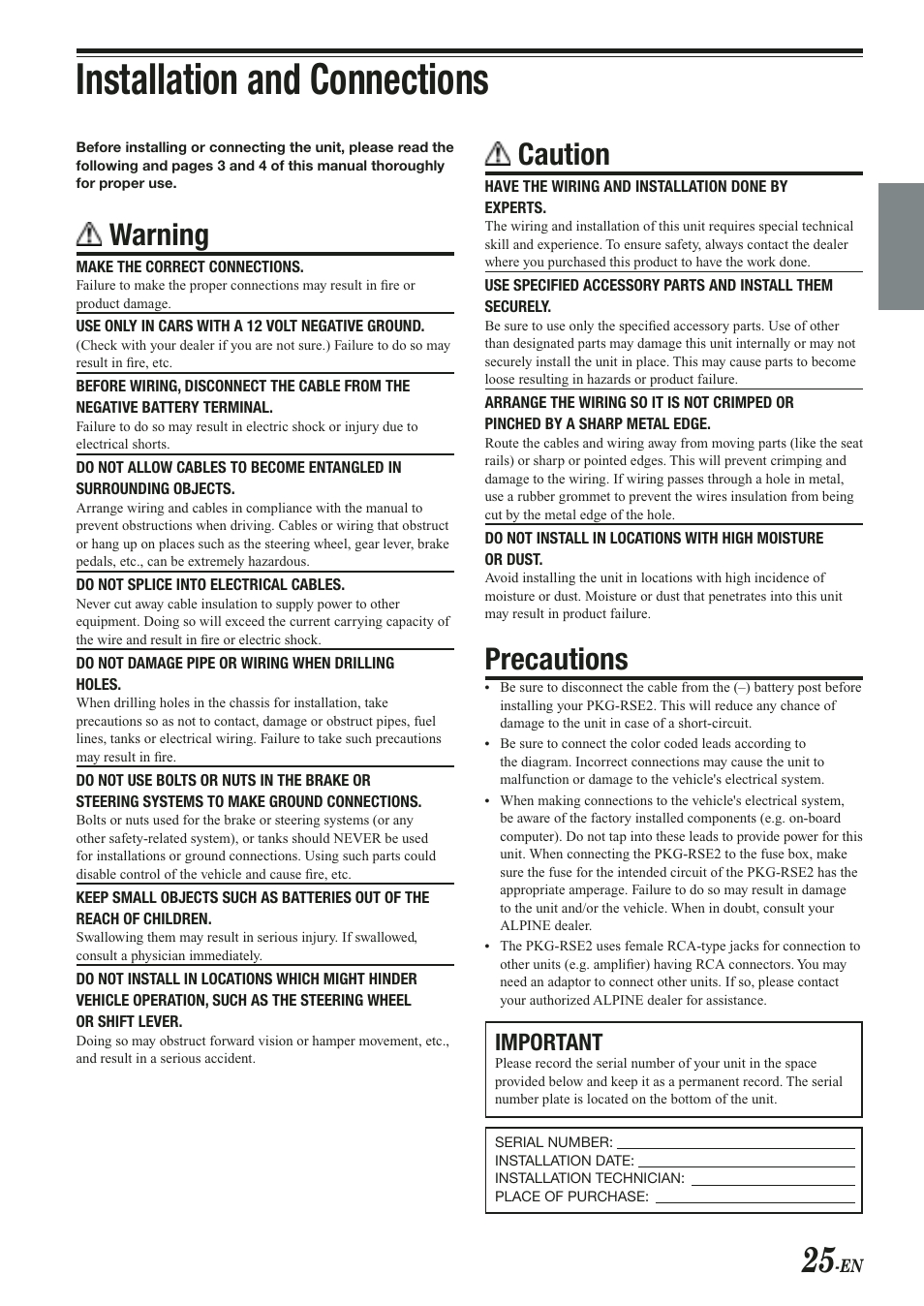 Installation and connections, Warning, Caution | Precautions, Important | Alpine PKG-RSE2 User Manual | Page 27 / 36