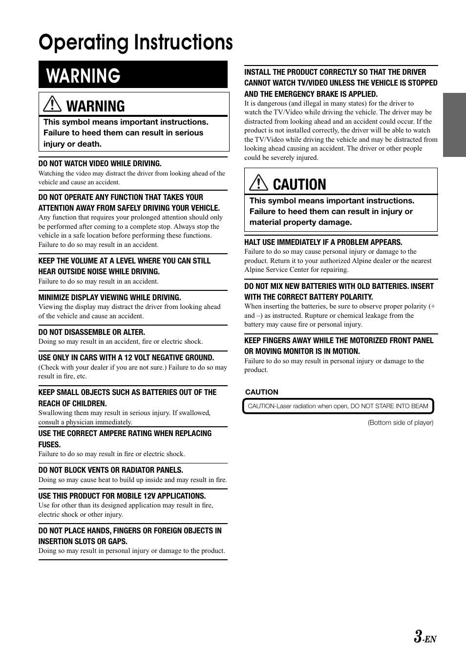 Operating instructions, Warning, Caution | Alpine PKG-RSE2 User Manual | Page 5 / 36