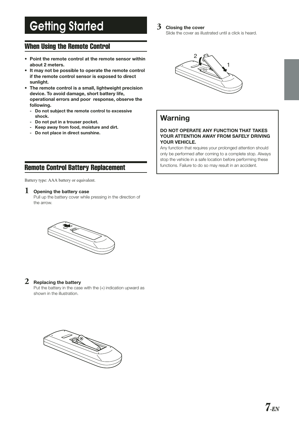 Getting started, Re e c l ba e re lacee, Warning | Alpine PKG-RSE2 User Manual | Page 9 / 36