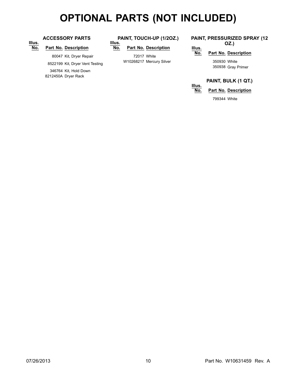 Optional, Optional parts (not included) | Whirlpool WGD5500BW User Manual | Page 10 / 10