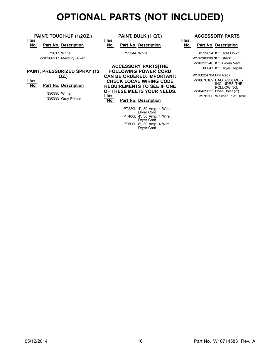 Optional parts (not included) | Whirlpool WED71HEDW User Manual | Page 10 / 10