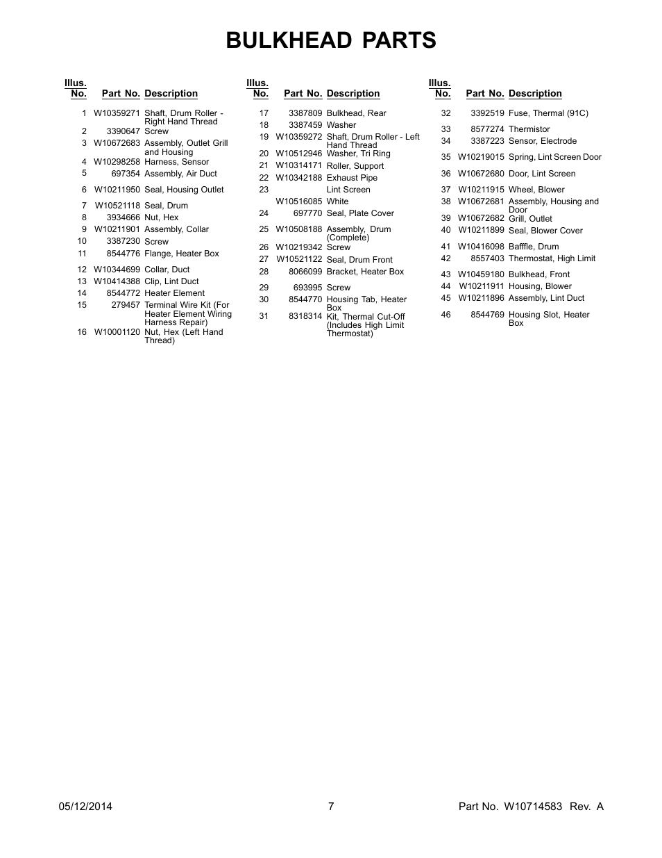 Bulkhead parts | Whirlpool WED71HEDW User Manual | Page 7 / 10