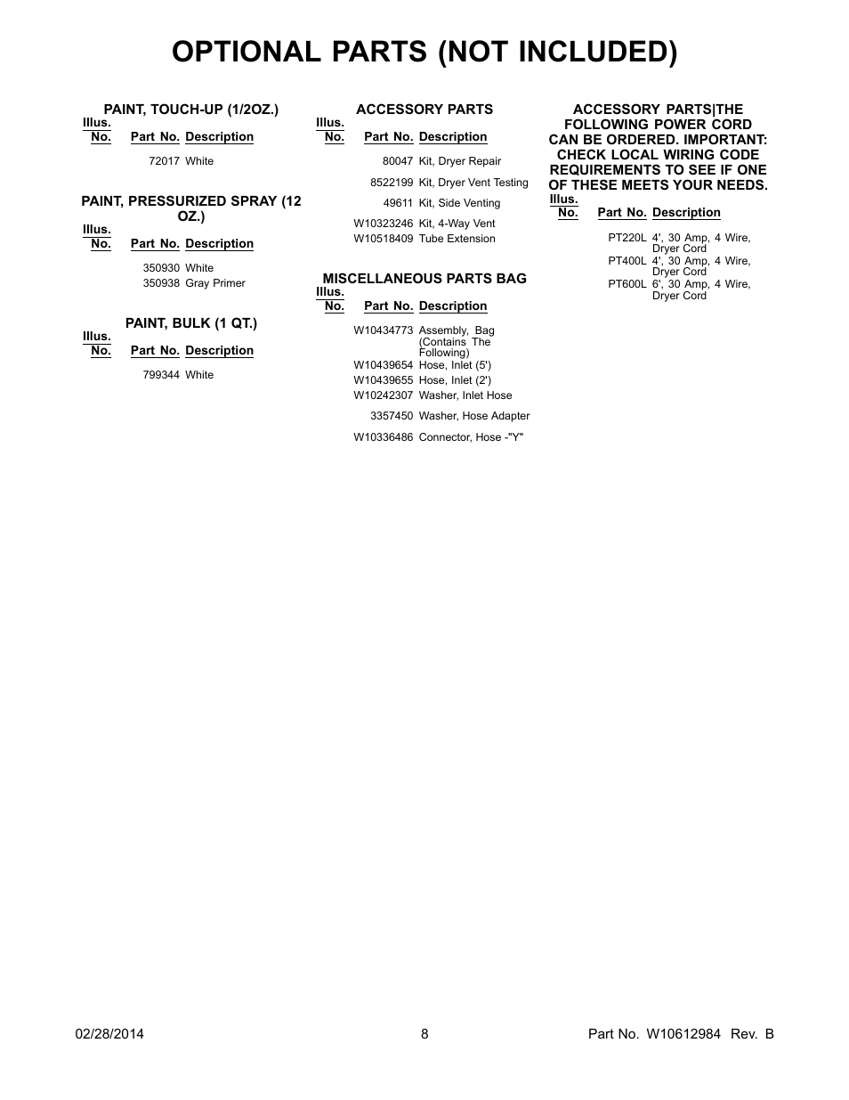 Optional parts (not included) | Whirlpool WED8900BW User Manual | Page 8 / 8