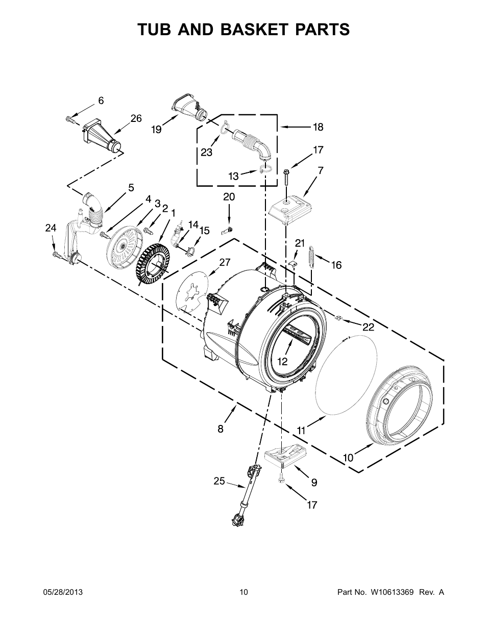 Tub and basket, Tub and basket parts | Whirlpool WFW70HEBW User Manual | Page 10 / 14