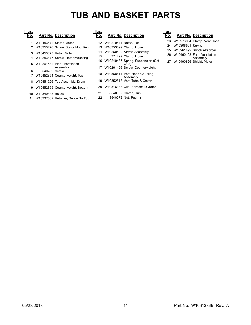 Tub and basket parts | Whirlpool WFW70HEBW User Manual | Page 11 / 14