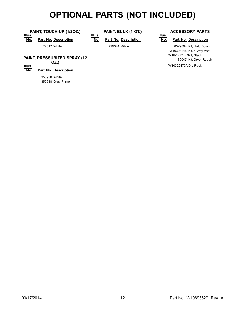 Optional parts (not included) | Whirlpool WGD72HEDW User Manual | Page 12 / 12