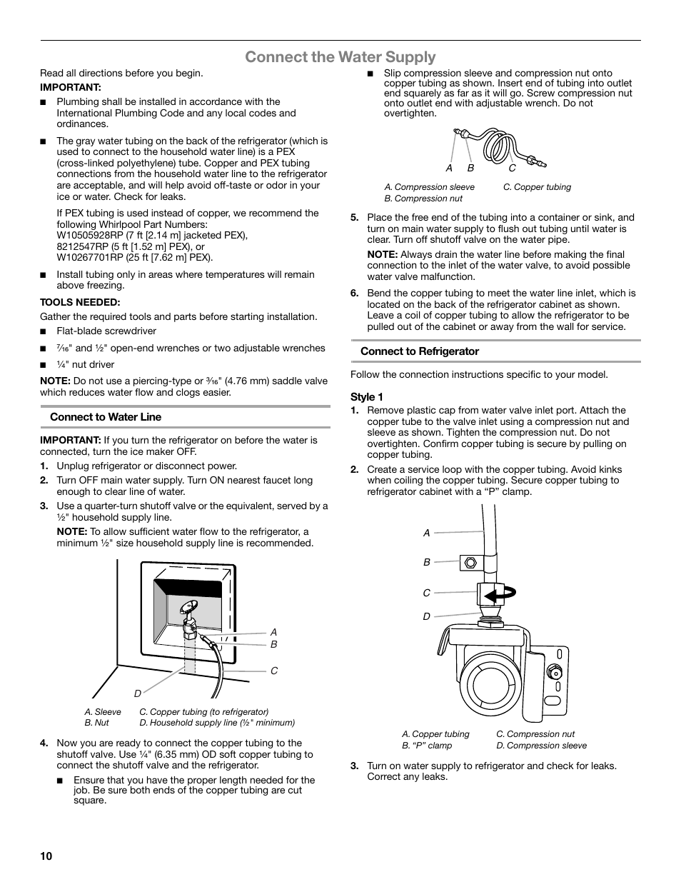 Connect the water supply | Whirlpool WRX988SIBM User Manual | Page 10 / 96