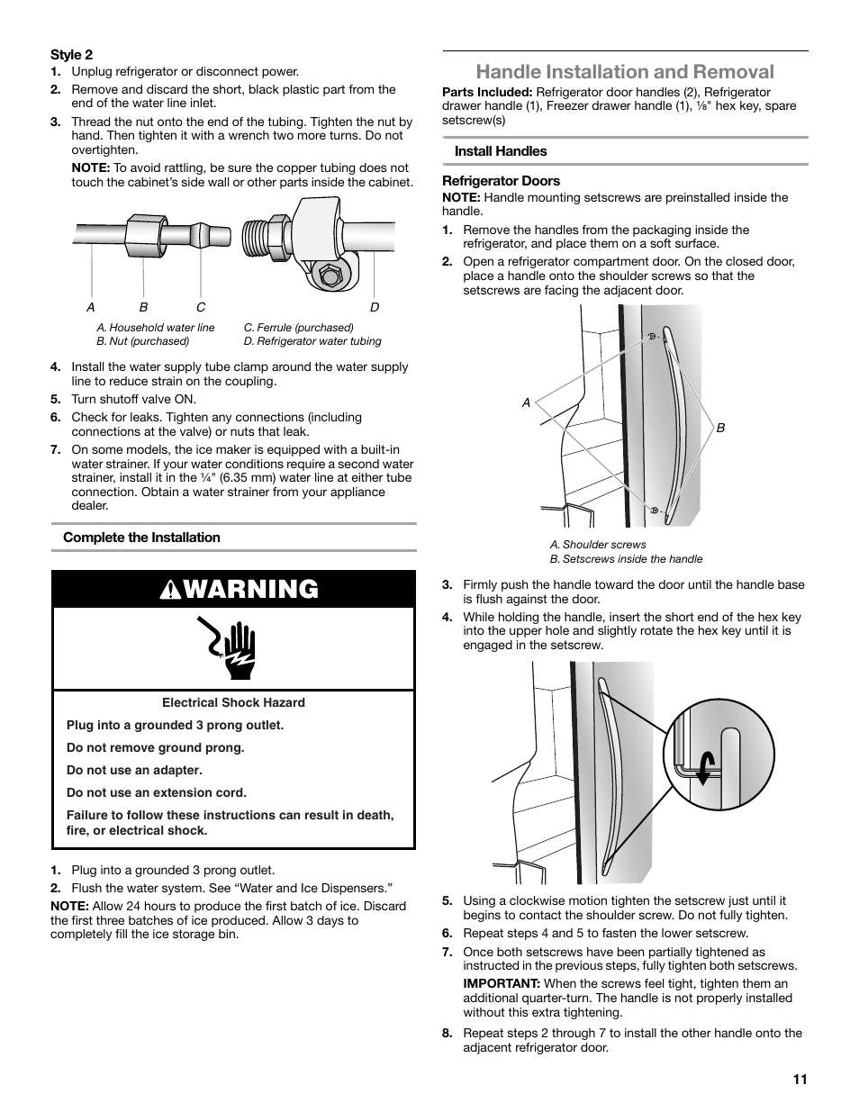 Warning, Handle installation and removal | Whirlpool WRX988SIBM User Manual | Page 11 / 96