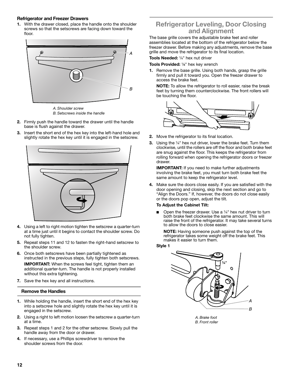 Refrigerator leveling, door closing and alignment | Whirlpool WRX988SIBM User Manual | Page 12 / 96