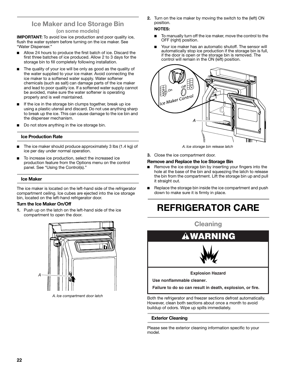 Refrigerator care, Warning, Ice maker and ice storage bin | Cleaning | Whirlpool WRX988SIBM User Manual | Page 22 / 96