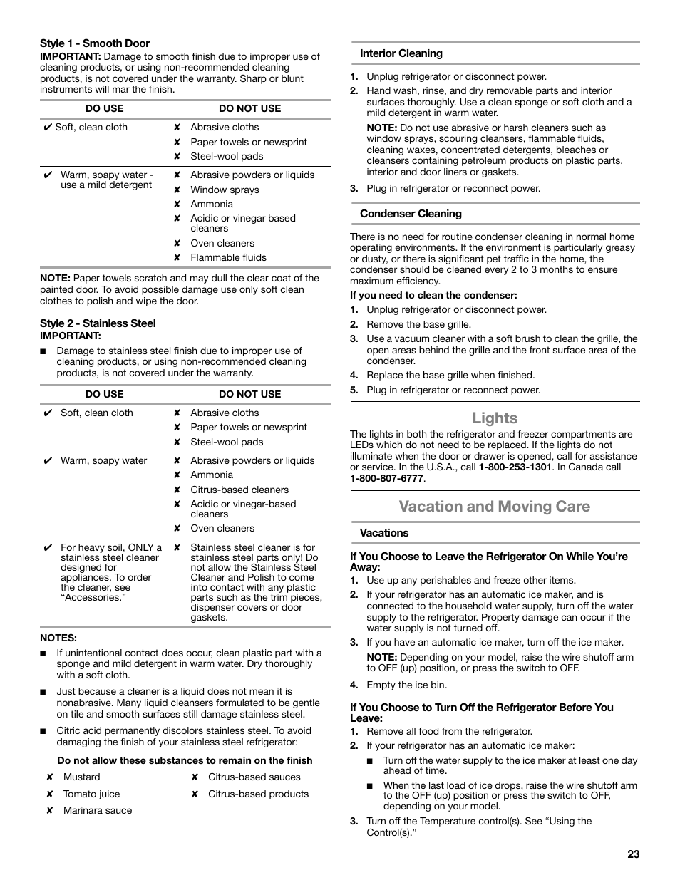 Lights, Vacation and moving care | Whirlpool WRX988SIBM User Manual | Page 23 / 96