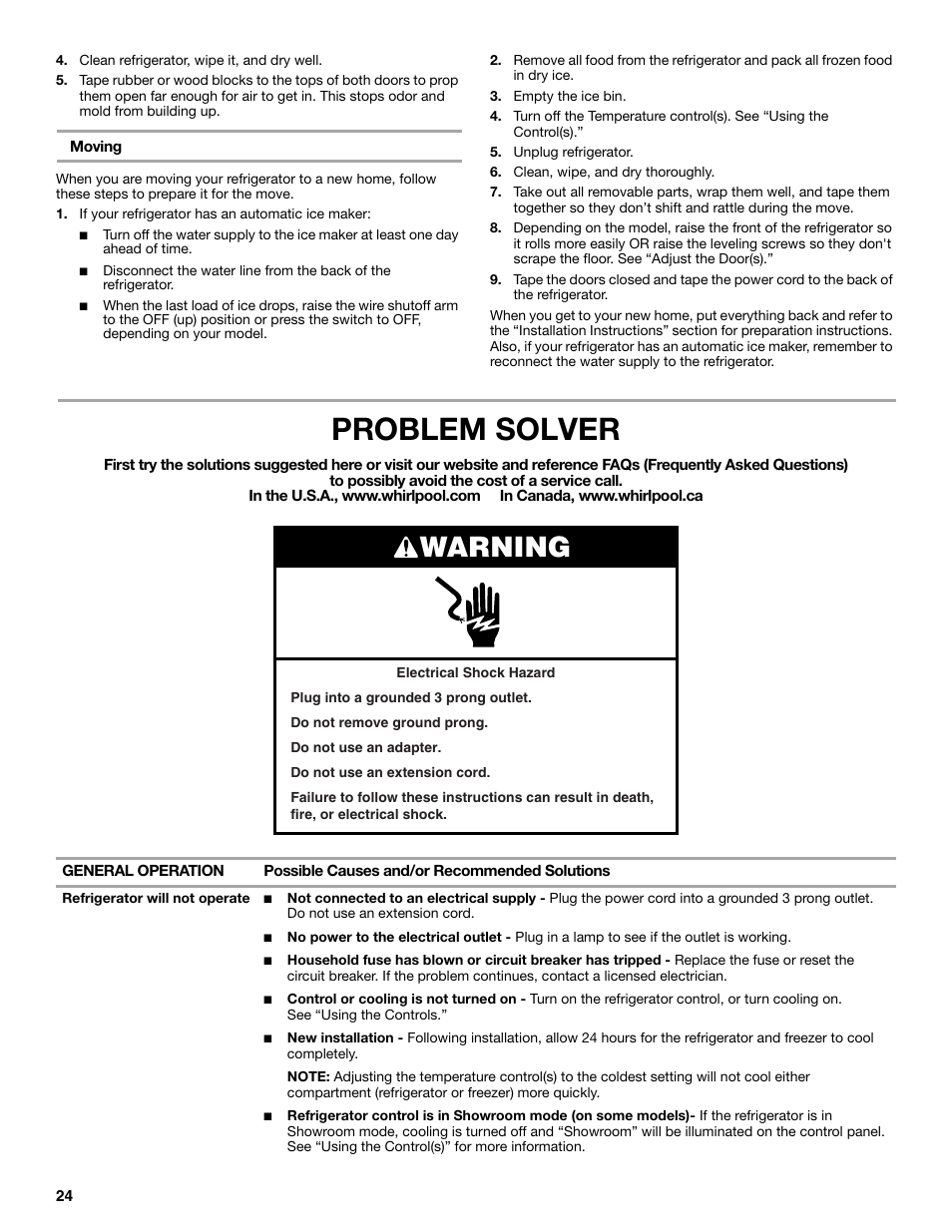 Problem solver, Warning | Whirlpool WRX988SIBM User Manual | Page 24 / 96