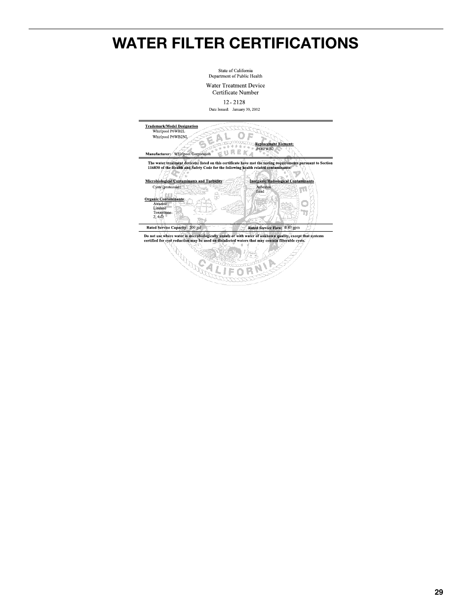 Water filter certifications | Whirlpool WRX988SIBM User Manual | Page 29 / 96