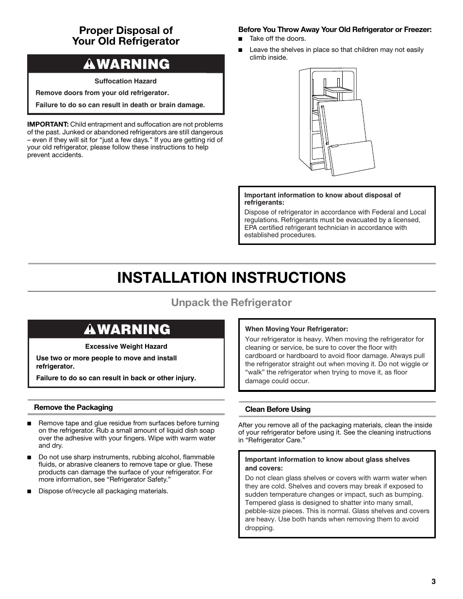 Installation instructions, Warning, Proper disposal of your old refrigerator | Unpack the refrigerator | Whirlpool WRX988SIBM User Manual | Page 3 / 96