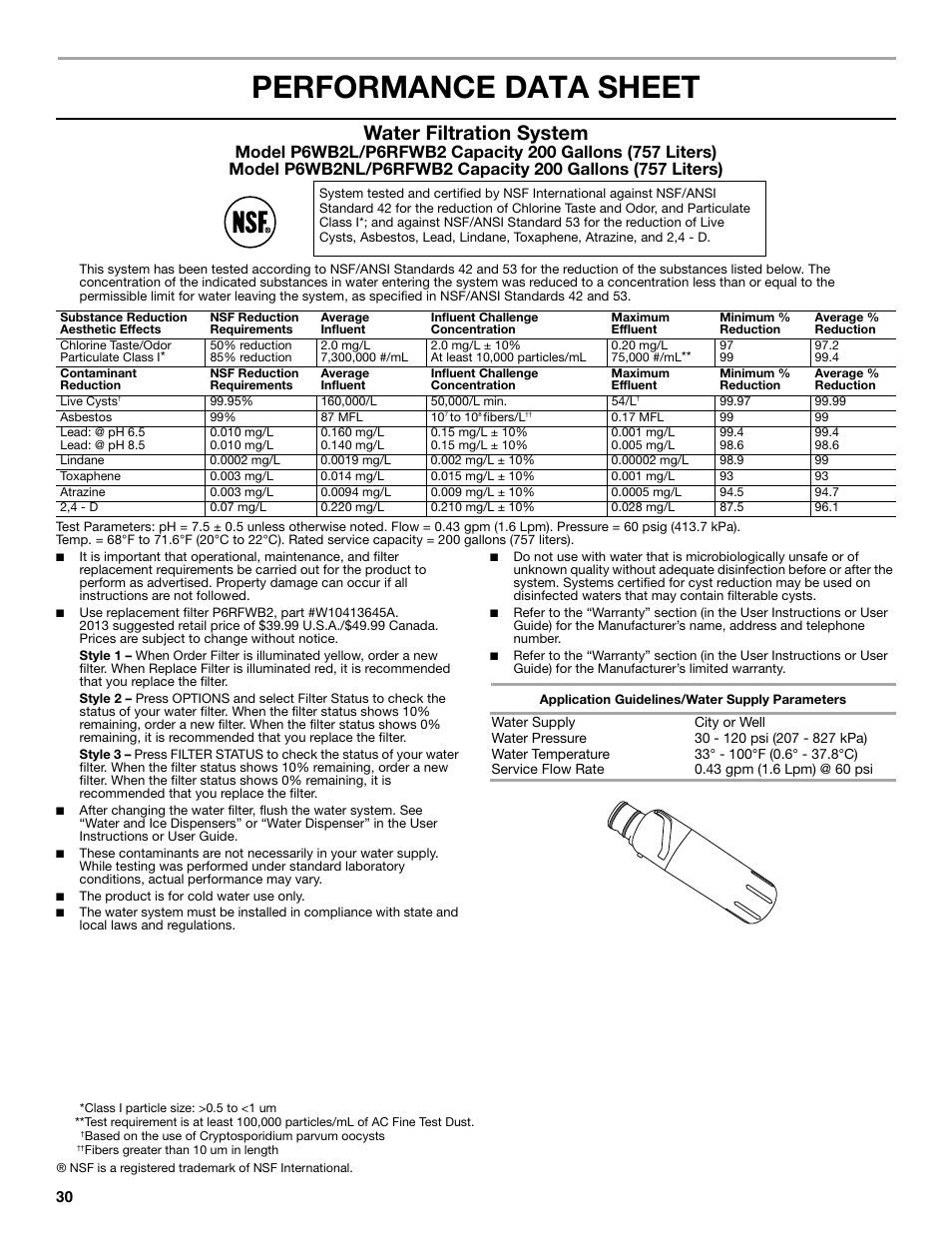 Performance data sheet, Water filtration system | Whirlpool WRX988SIBM User Manual | Page 30 / 96