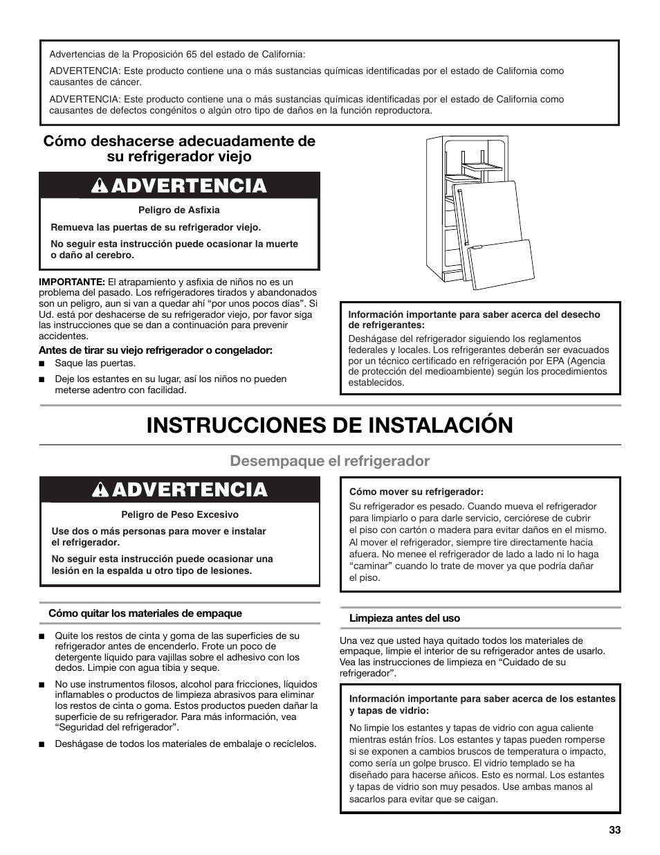 Instrucciones de instalación, Advertencia, Desempaque el refrigerador | Whirlpool WRX988SIBM User Manual | Page 33 / 96