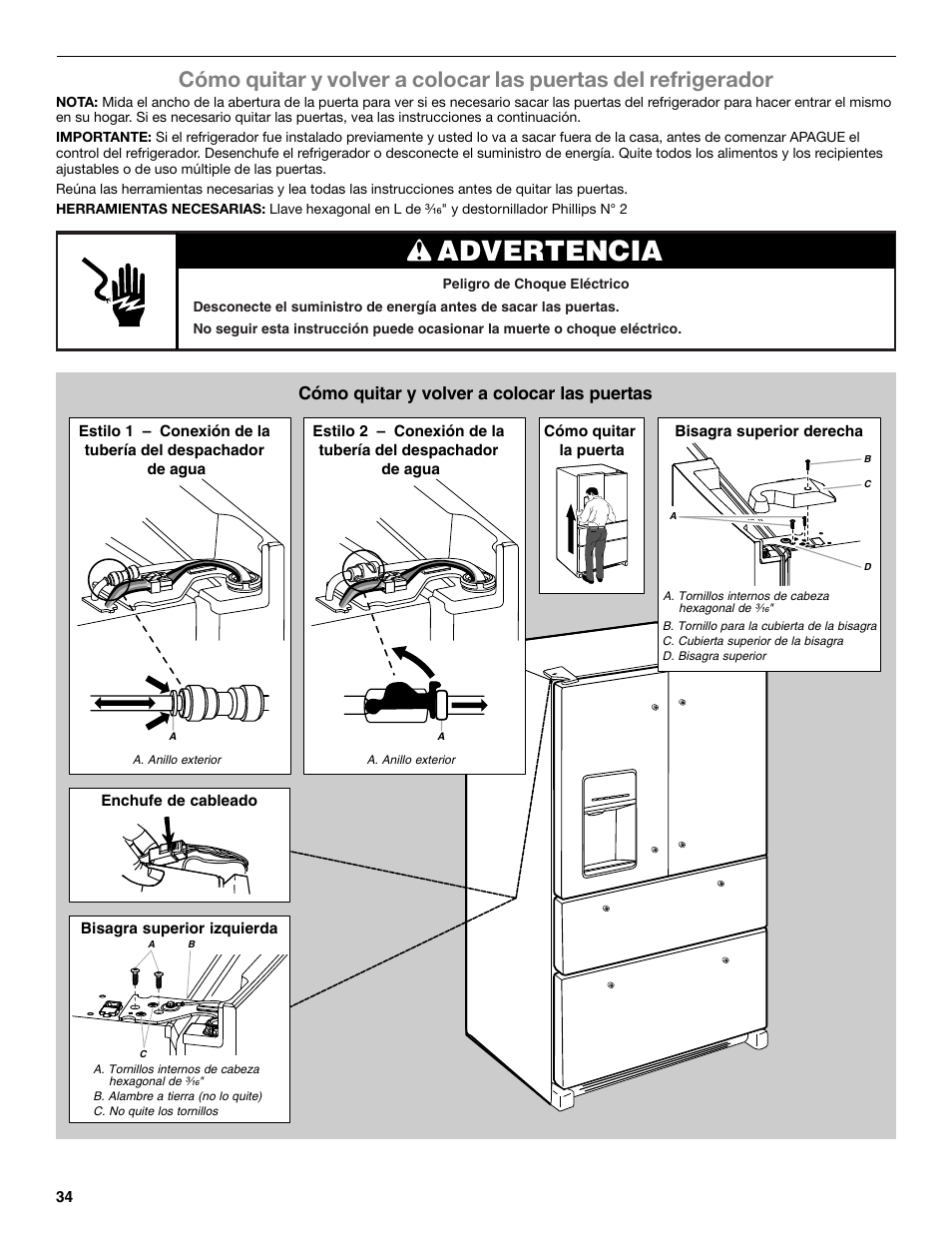 Advertencia, Cómo quitar y volver a colocar las puertas | Whirlpool WRX988SIBM User Manual | Page 34 / 96