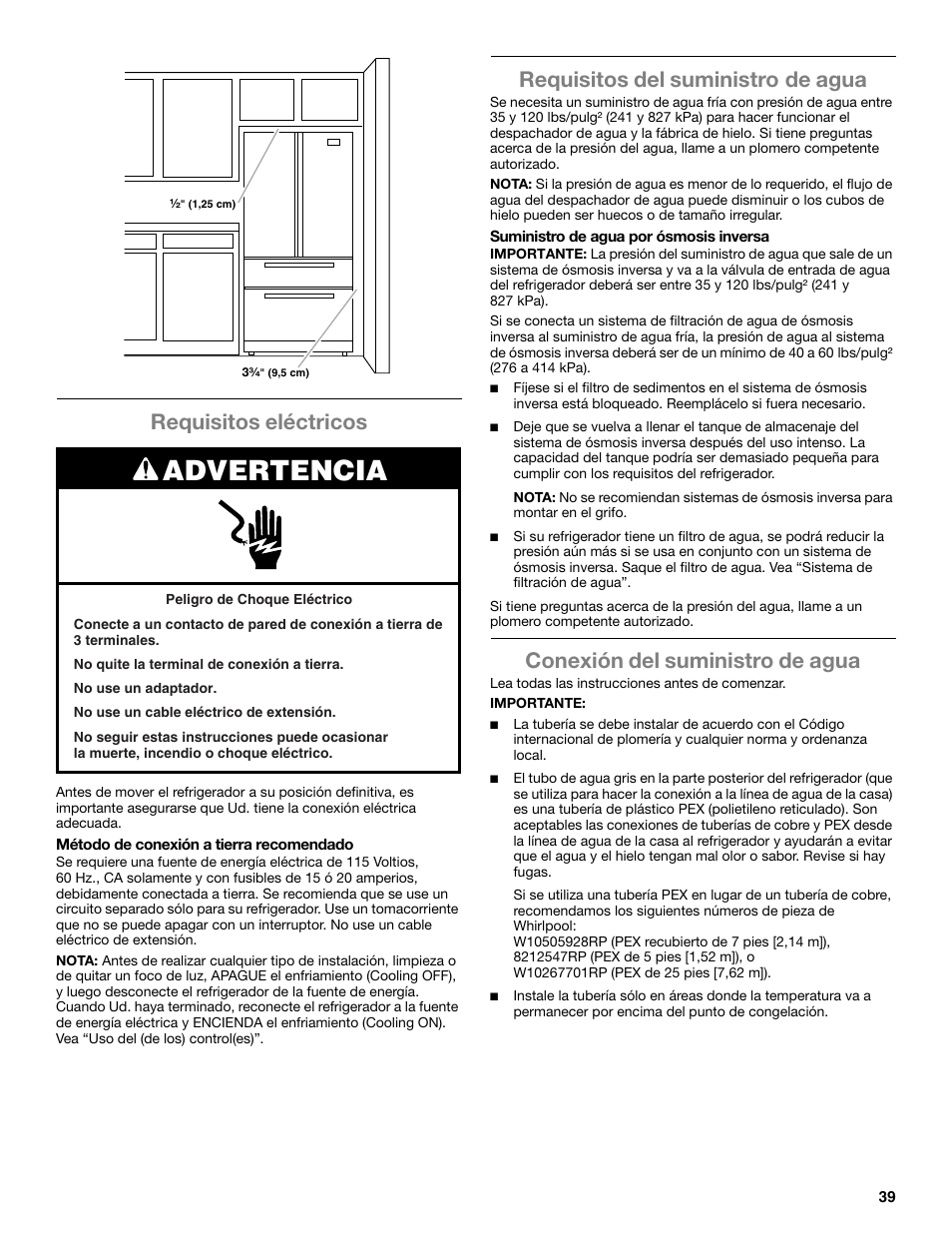 Advertencia, Requisitos eléctricos, Requisitos del suministro de agua | Conexión del suministro de agua | Whirlpool WRX988SIBM User Manual | Page 39 / 96