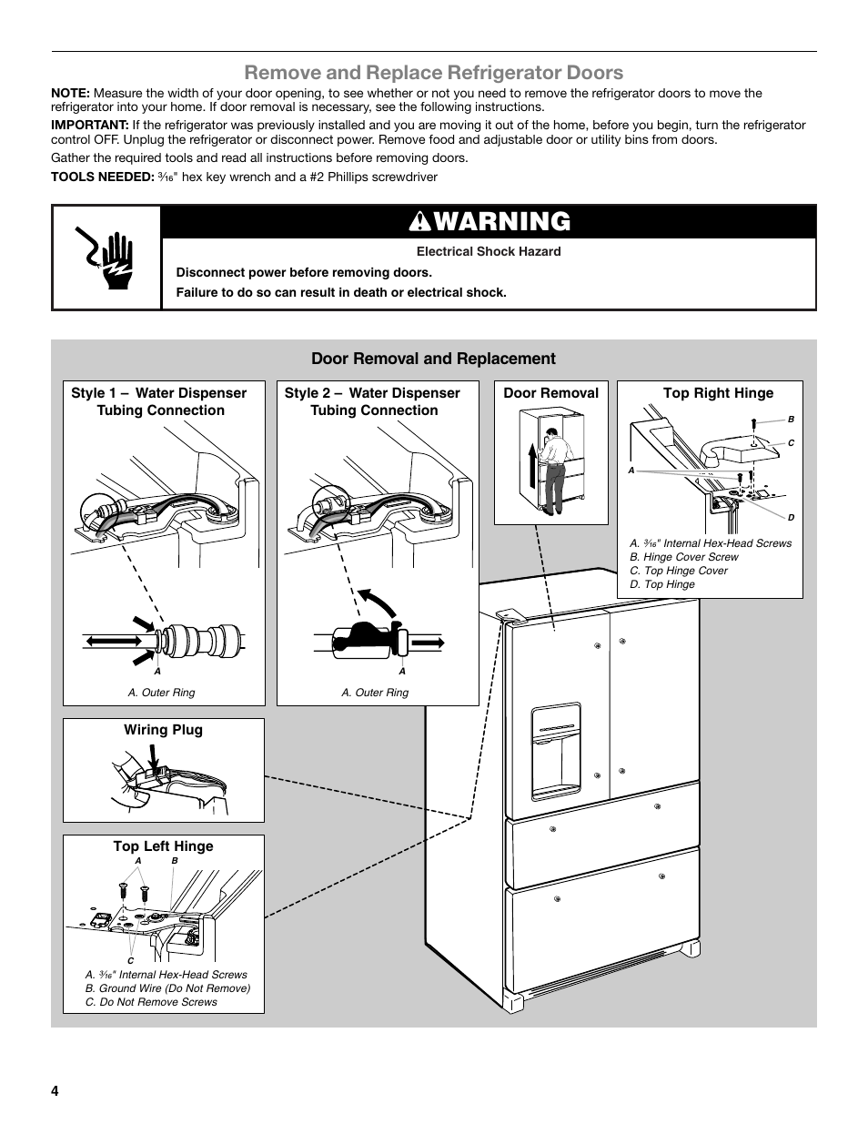 Warning, Remove and replace refrigerator doors, Door removal and replacement | Whirlpool WRX988SIBM User Manual | Page 4 / 96