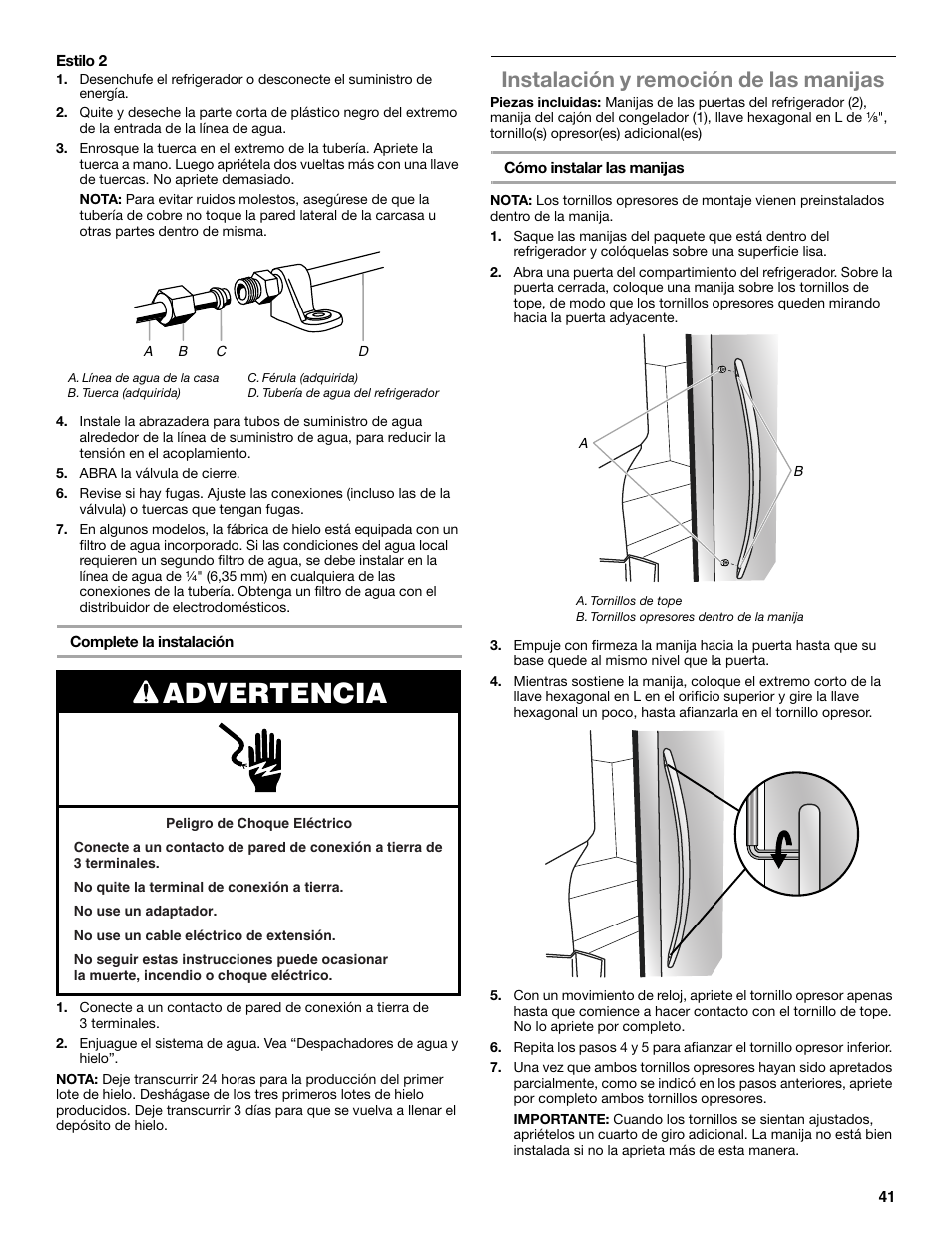 Advertencia, Instalación y remoción de las manijas | Whirlpool WRX988SIBM User Manual | Page 41 / 96