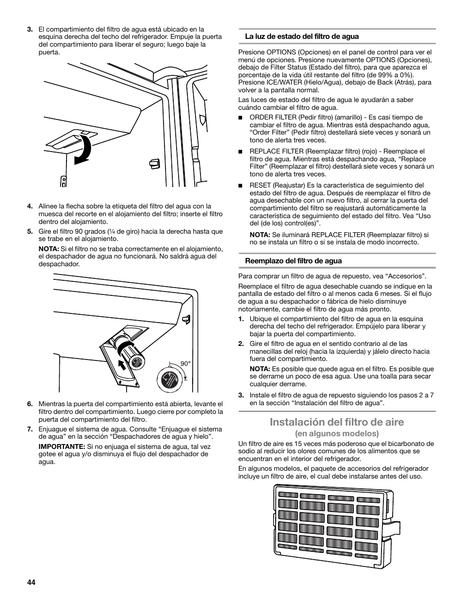 Instalación del filtro de aire | Whirlpool WRX988SIBM User Manual | Page 44 / 96