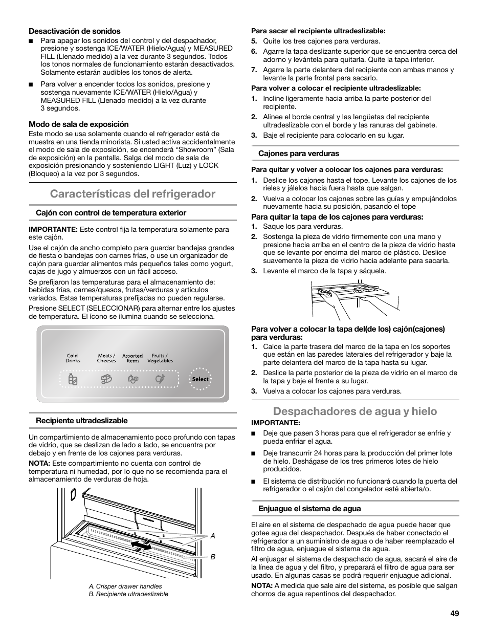 Características del refrigerador, Despachadores de agua y hielo | Whirlpool WRX988SIBM User Manual | Page 49 / 96