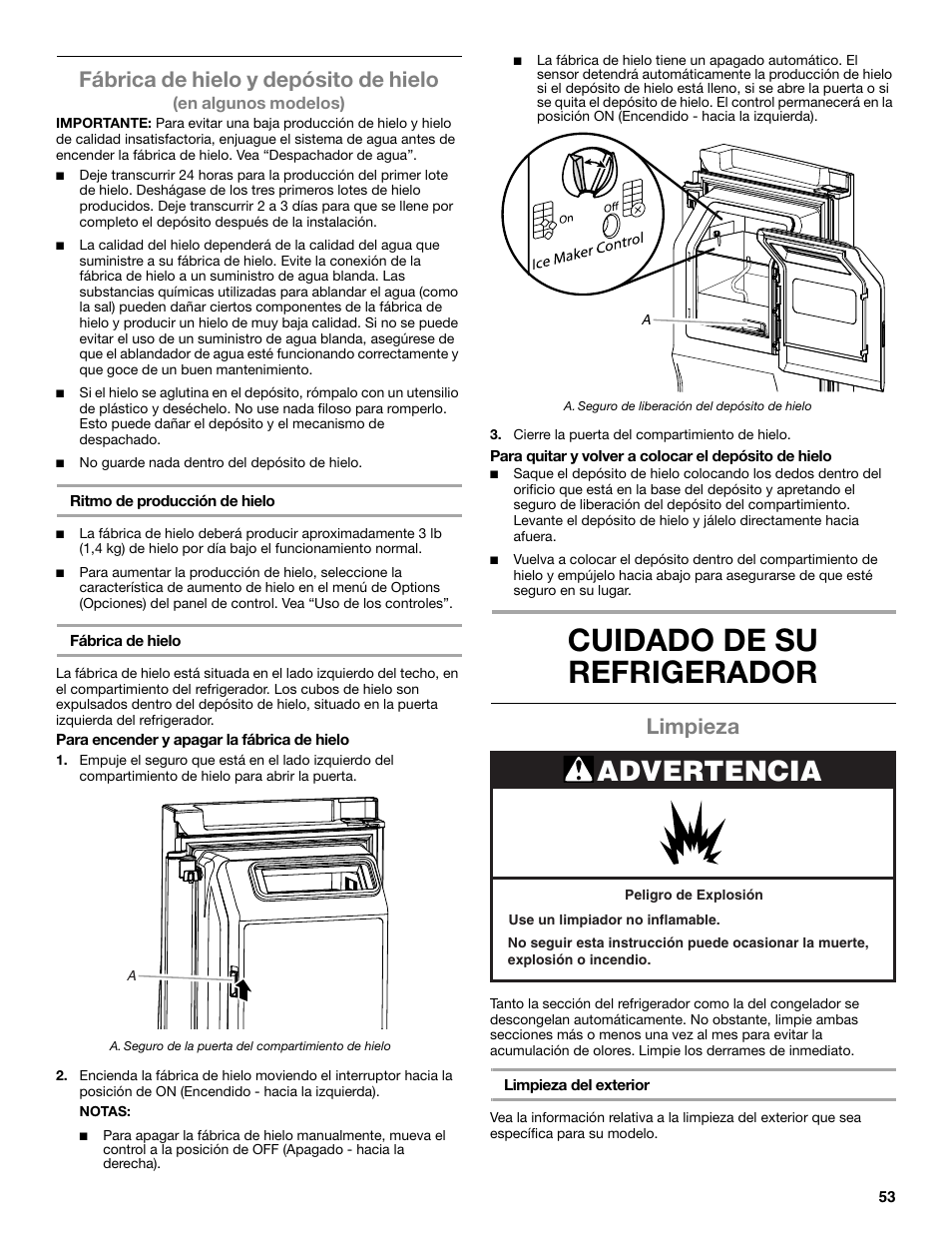 Cuidado de su refrigerador, Advertencia, Fábrica de hielo y depósito de hielo | Limpieza | Whirlpool WRX988SIBM User Manual | Page 53 / 96