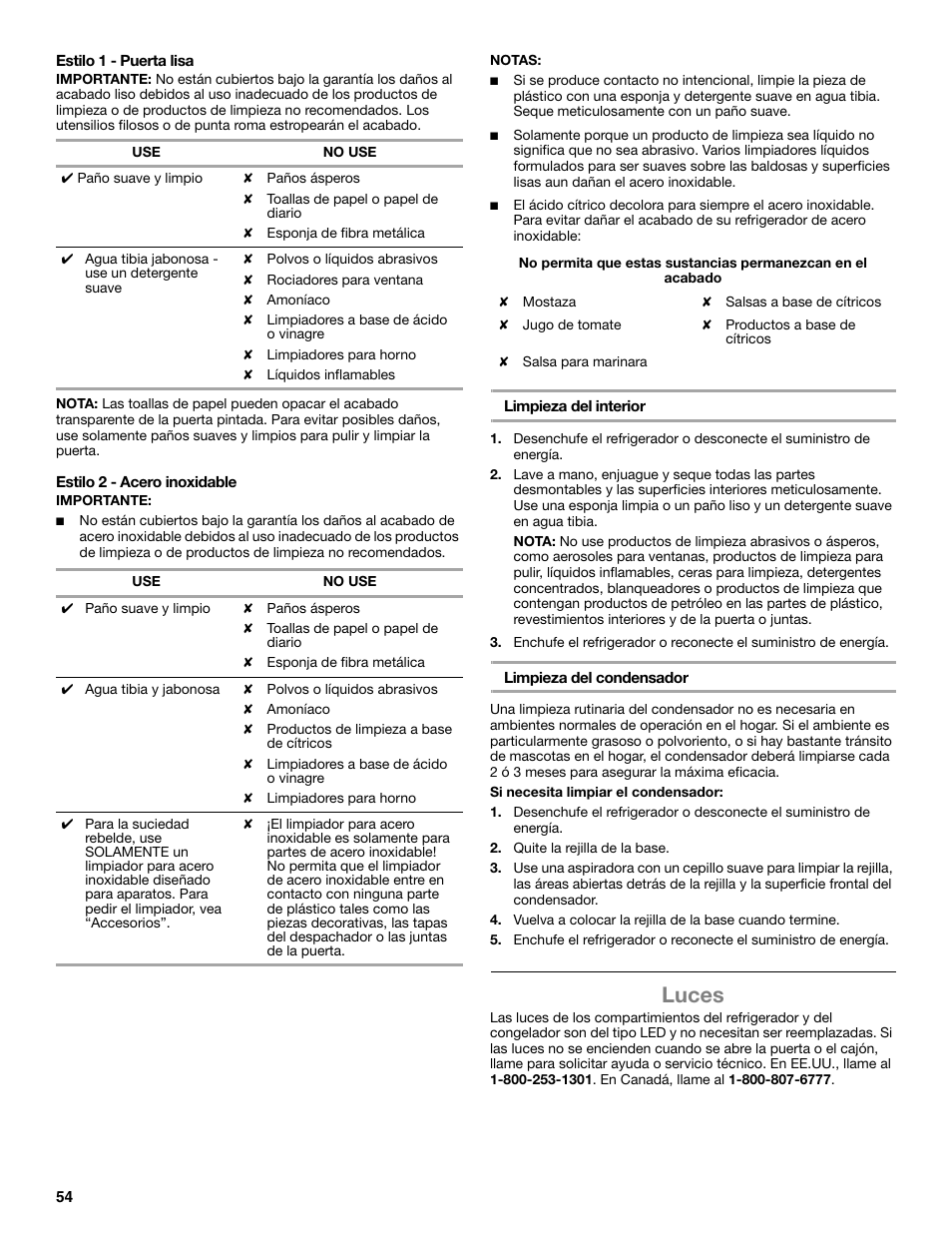 Luces | Whirlpool WRX988SIBM User Manual | Page 54 / 96