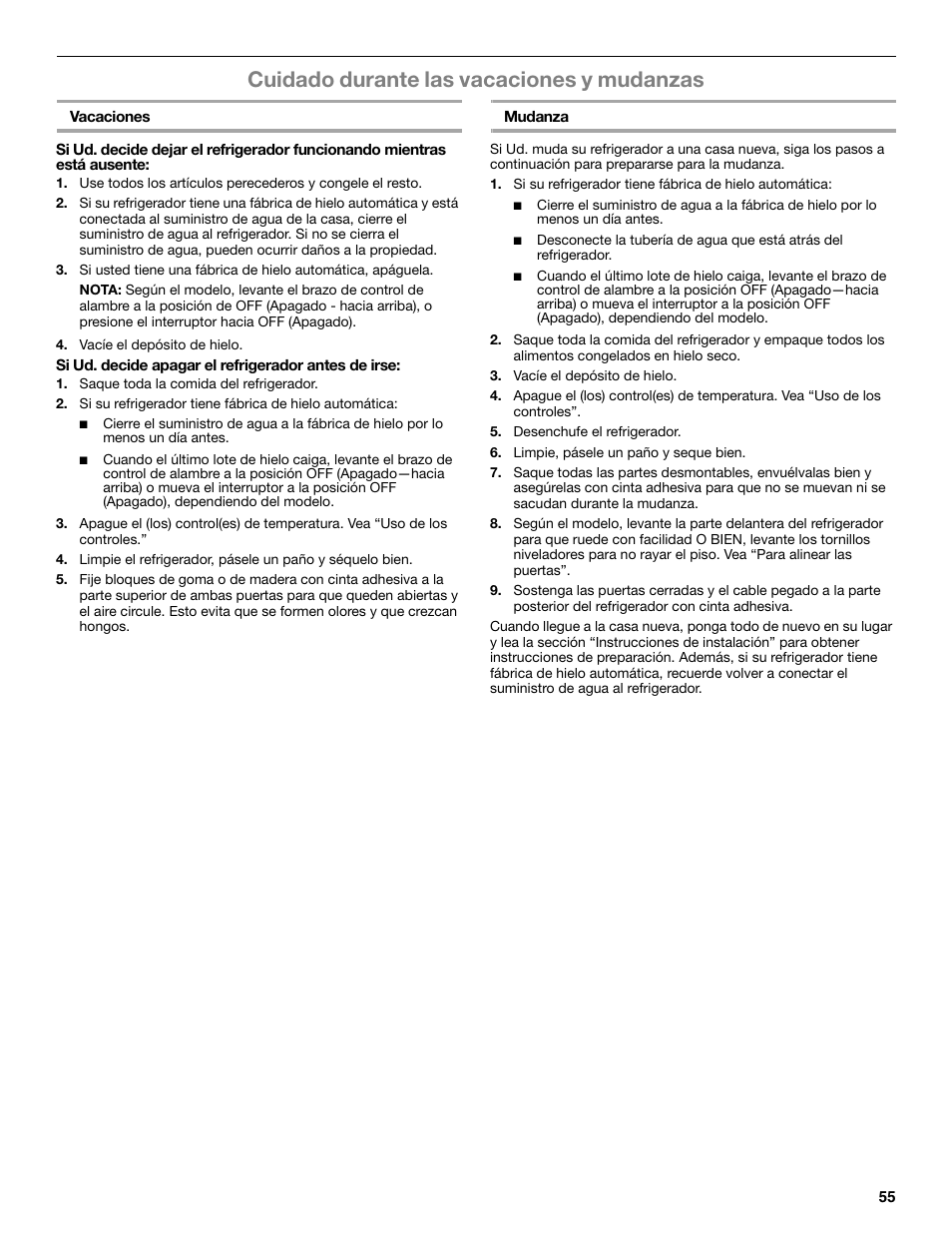 Cuidado durante las vacaciones y mudanzas | Whirlpool WRX988SIBM User Manual | Page 55 / 96