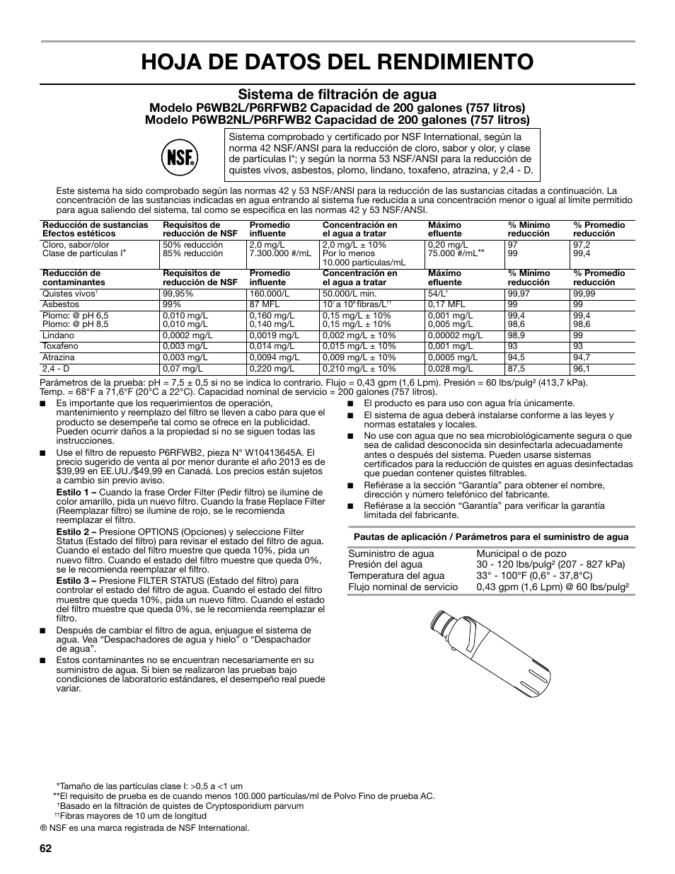 Hoja de datos del rendimiento, Sistema de filtración de agua | Whirlpool WRX988SIBM User Manual | Page 62 / 96