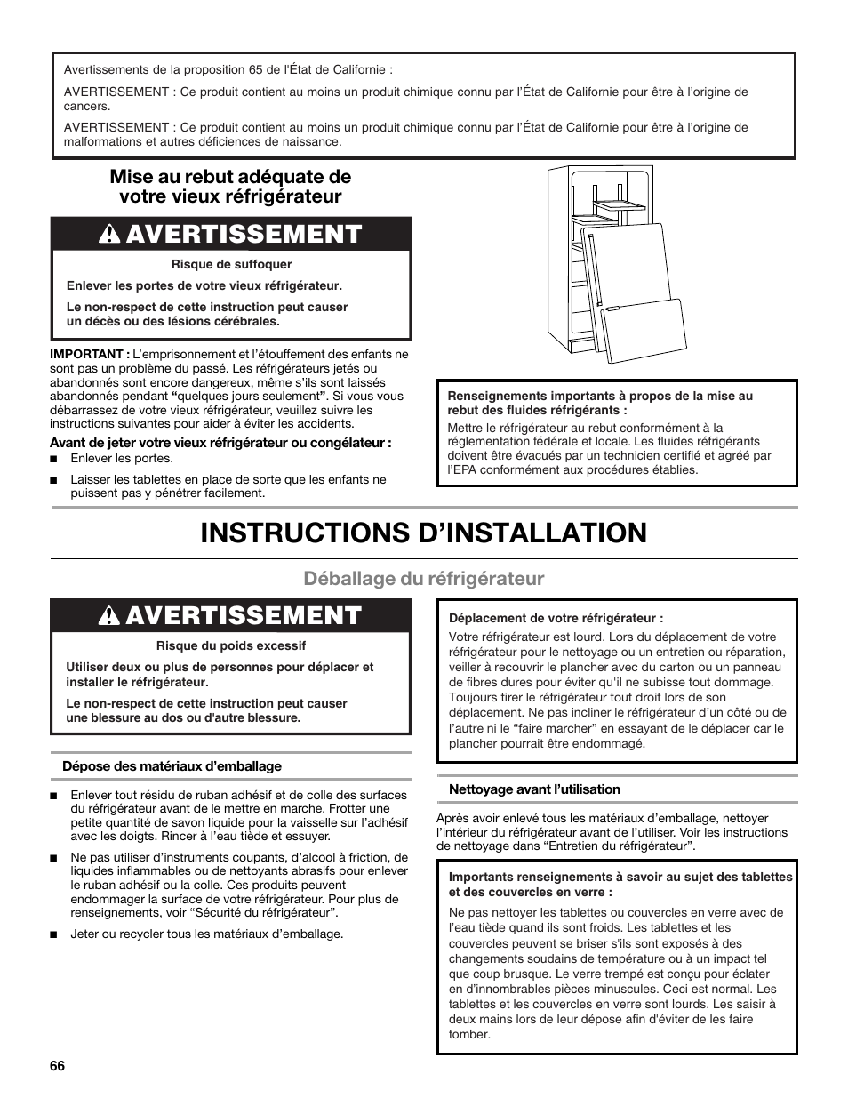 Instructions d’installation, Avertissement, Déballage du réfrigérateur | Whirlpool WRX988SIBM User Manual | Page 66 / 96