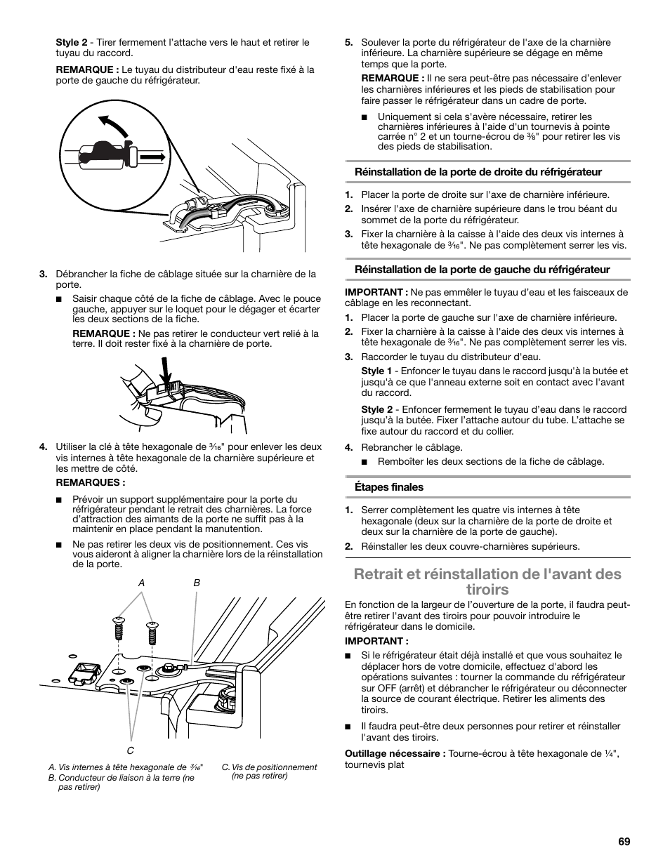 Retrait et réinstallation de l'avant des tiroirs | Whirlpool WRX988SIBM User Manual | Page 69 / 96