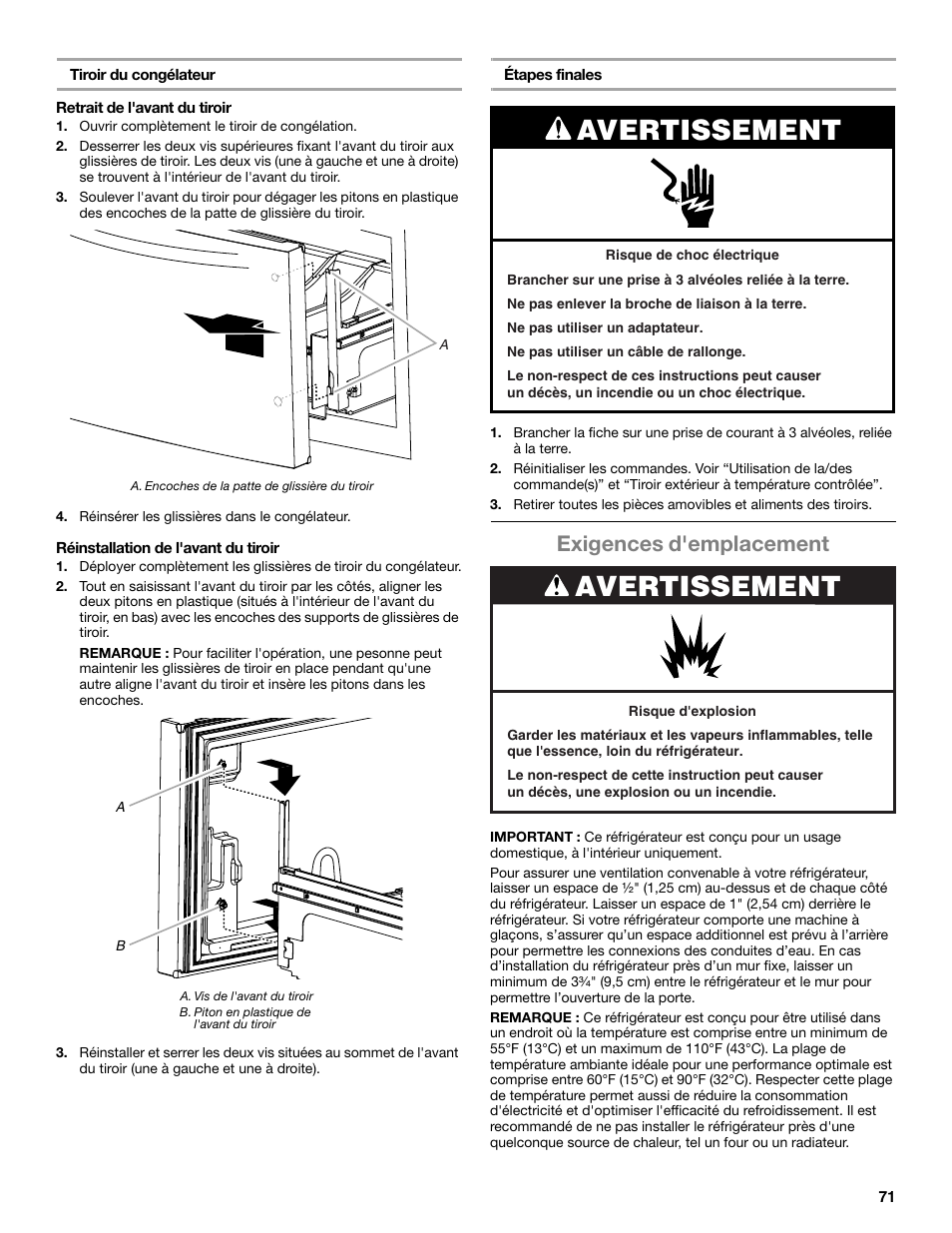 Avertissement, Exigences d'emplacement | Whirlpool WRX988SIBM User Manual | Page 71 / 96