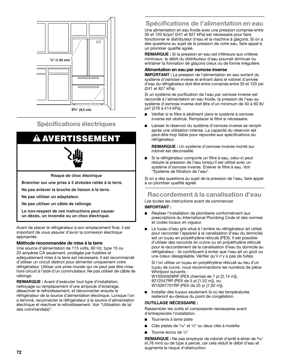 Avertissement, Spécifications électriques, Spécifications de l’alimentation en eau | Raccordement à la canalisation d'eau | Whirlpool WRX988SIBM User Manual | Page 72 / 96